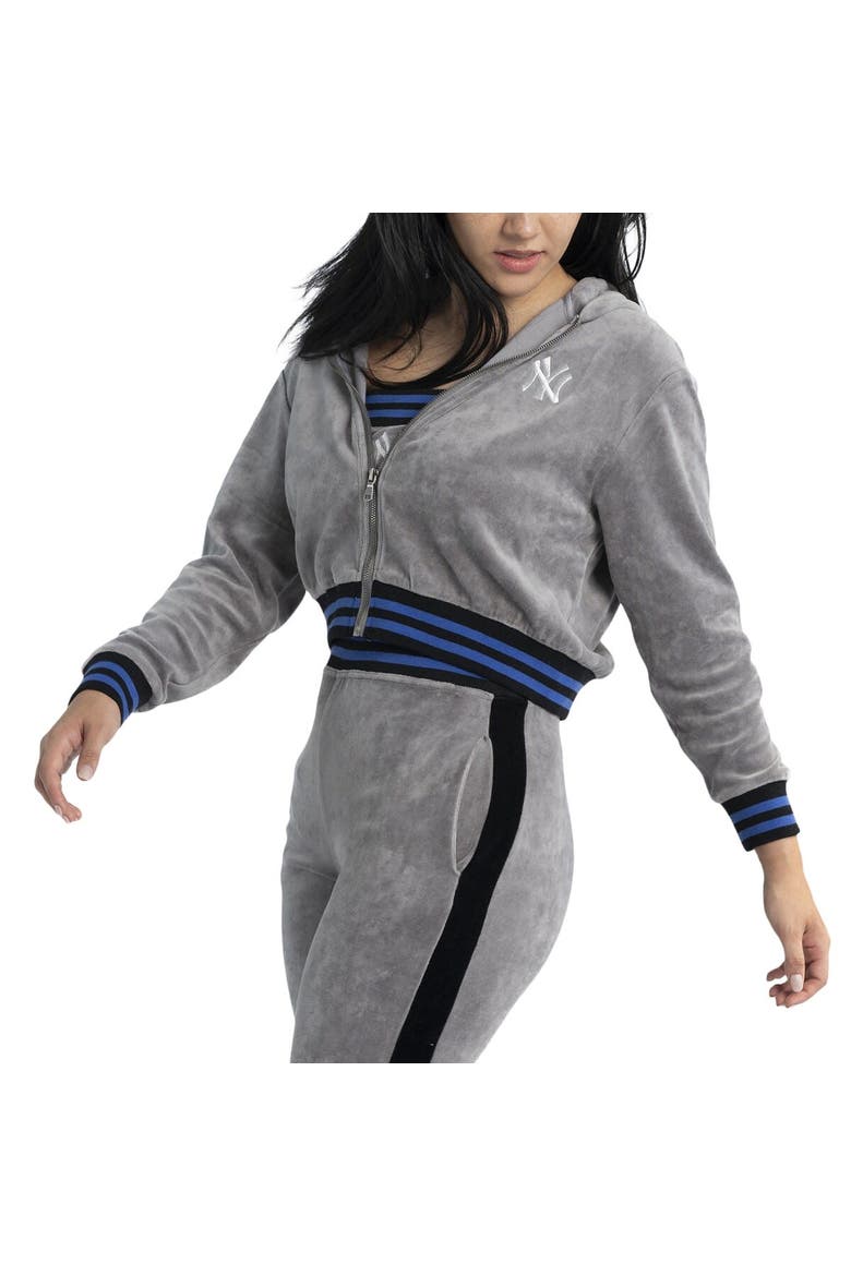 Women's Lusso  Gray New York Yankees Niko-Neve-Nic Sweatpants, Cropped Full-Zip Hoodie & Bra Set, Alternate, color, Gray