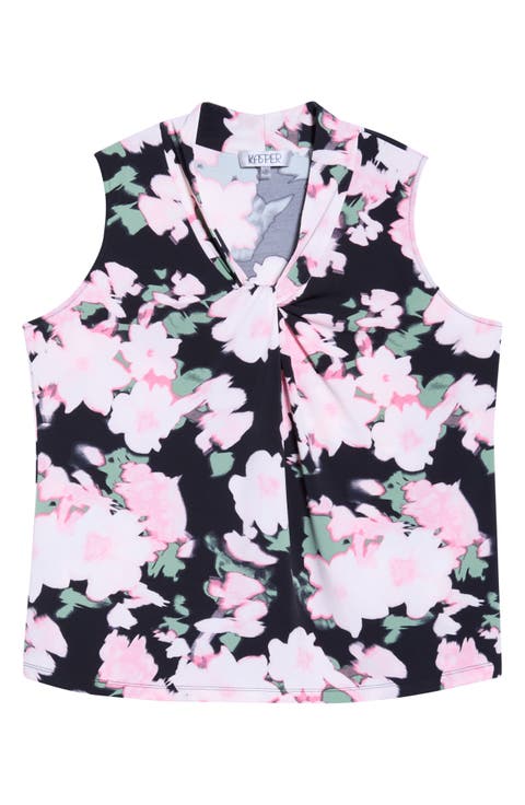 Floral Print Knot Front Sleeveless Top