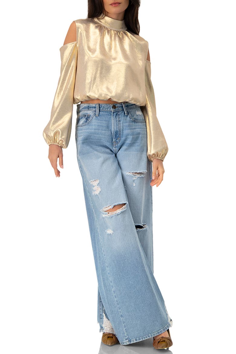Cold-Shoulder Blouse with Back Bow, Alternate, color, Gold