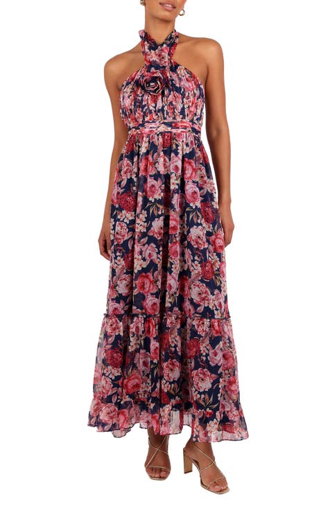 FLORAL LONG SLEEVE DRESS WITH HALTER DETAIL main image 0