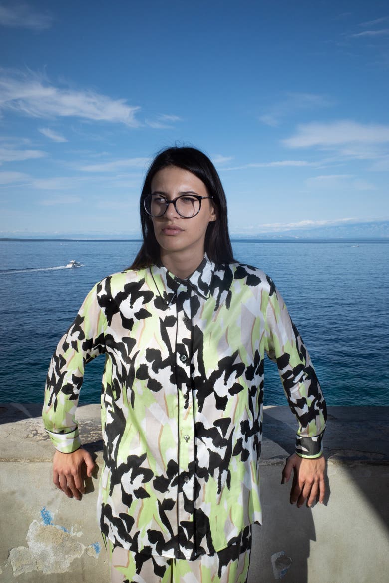 Manifest Printed Button-up Silky Shirt, Alternate, color, Iris