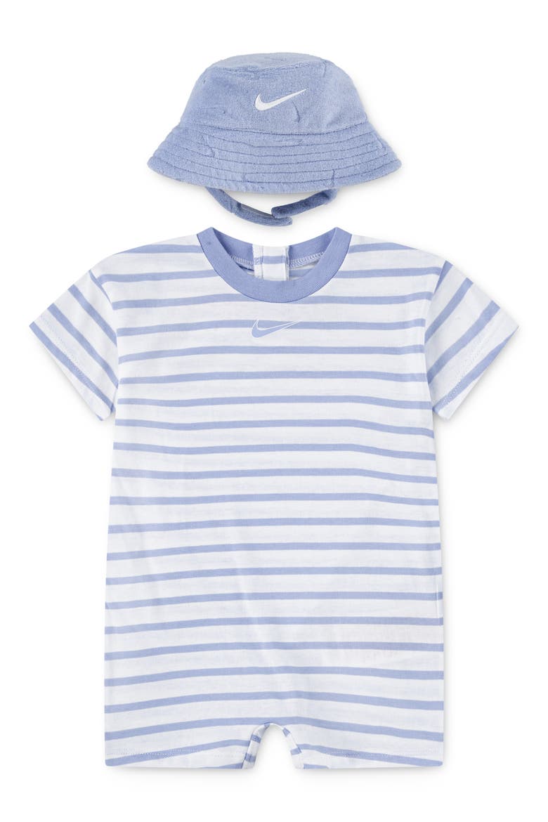 Stripe Romper & Bucket Hat Set, Main, color, COBALT BLISS