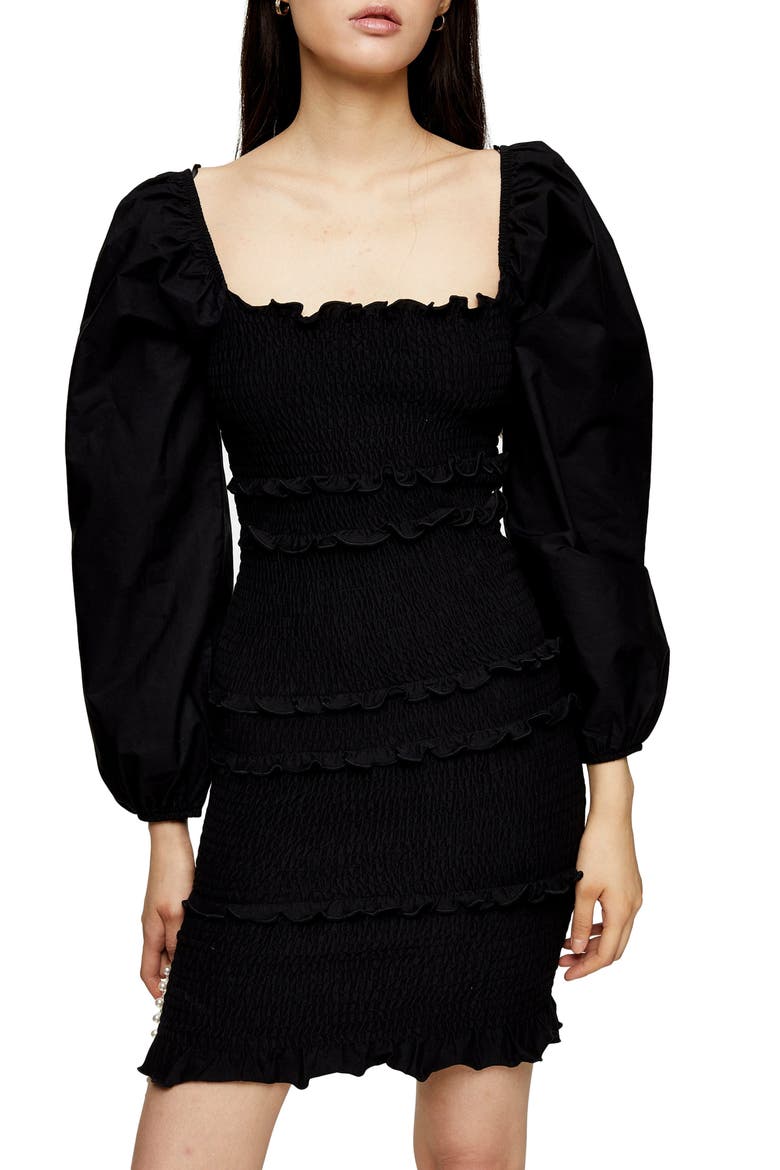 Smocked Long Balloon Sleeve Minidress, Alternate, color, BLACK