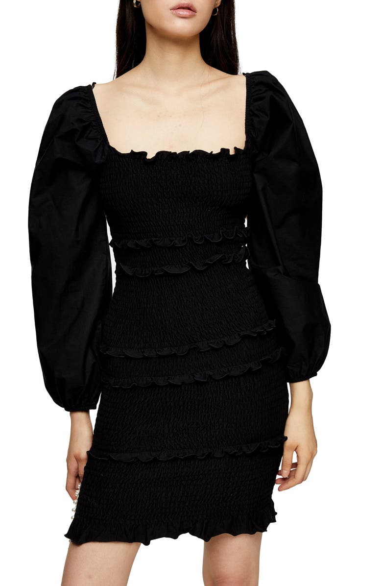 Topshop Smocked Long Balloon Sleeve Minidress, Alternate, color,