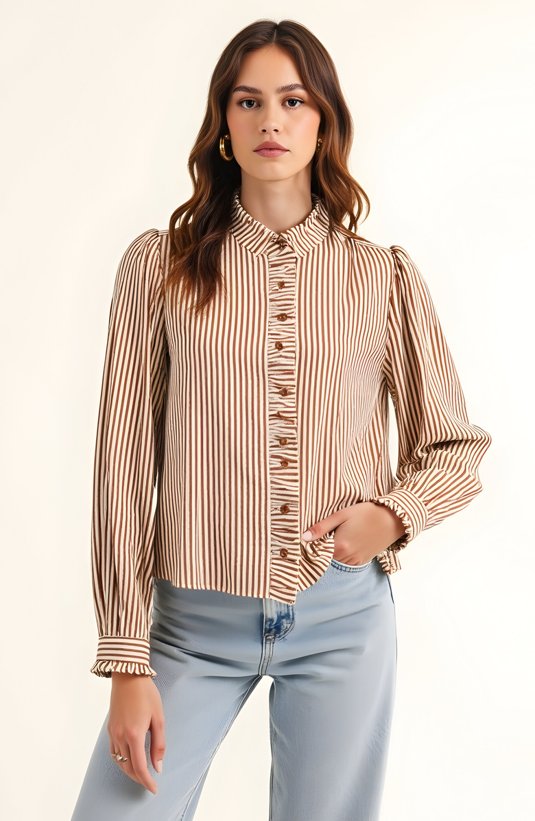 Modenaire Striped Puff Sleeve Blouse with Ruffled Trim and Covered Placket, Main, color, 