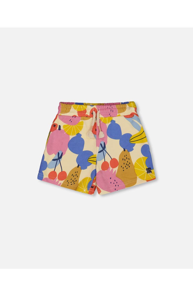 Deux par Deux Little Girl's Printed French Terry Short Fruits On Yellow Background, Main, color, 