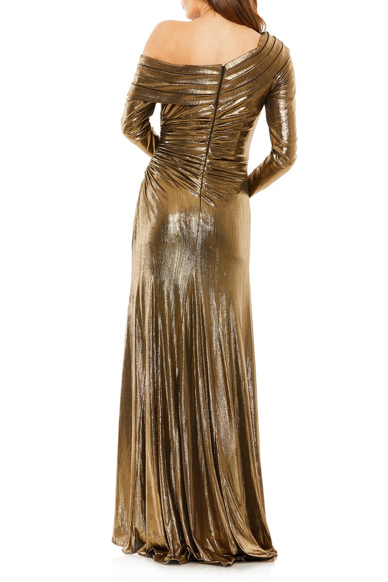 Long Sleeve Off the Shoulder Metallic Gown, Alternate, color, ANTIQUE GOLD