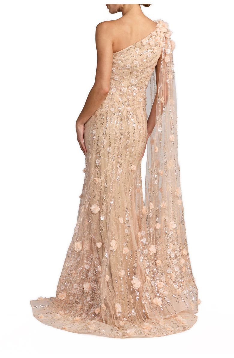 Mac Duggal Floral Mesh One Shoulder Trumpet Gown With Float, Alternate, color, Porcelain