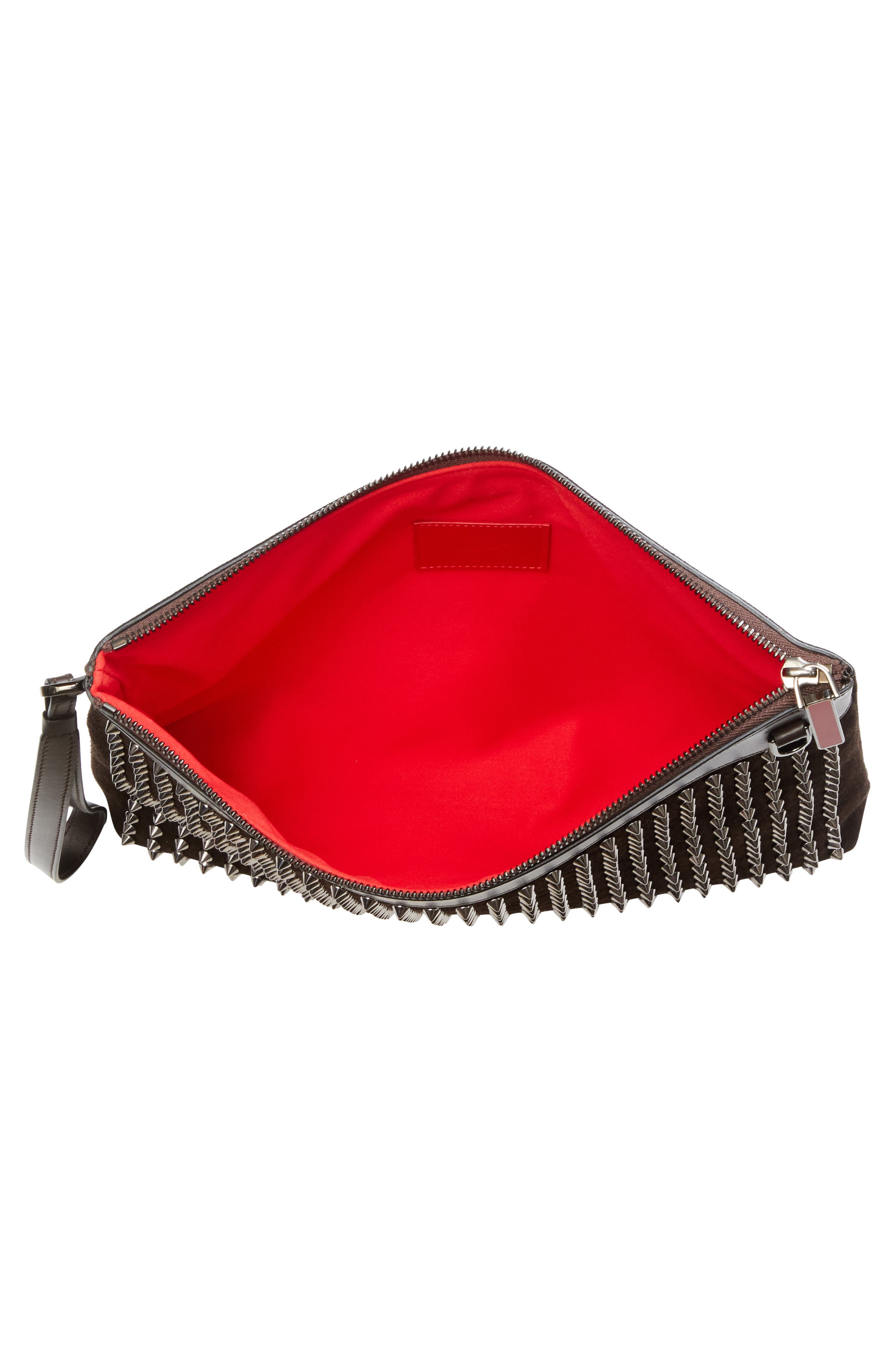 Christian Louboutin Funky Crosta Spikes Suede Wristlet Pouch, Alternate, color, Cafe/ Gun Metal