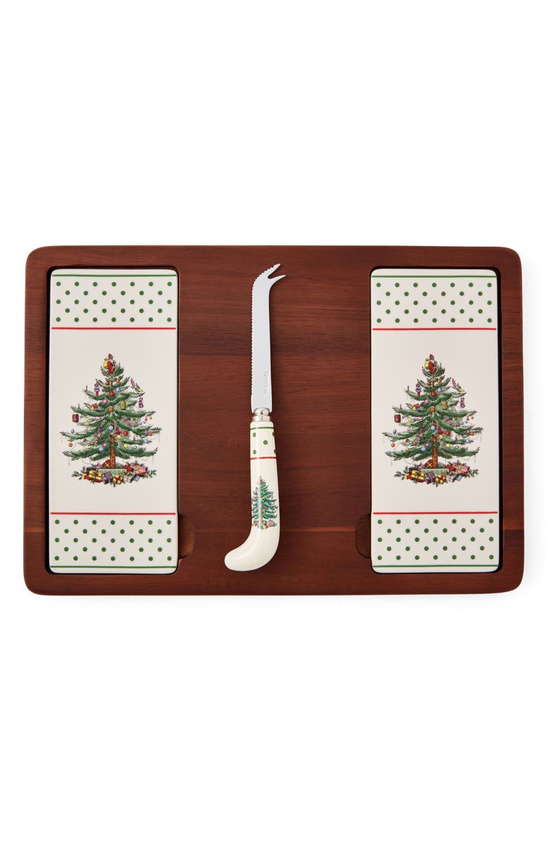 Spode Christmas Tree Polka Dot Cheese Board & Knife Set, Main, color, Green
