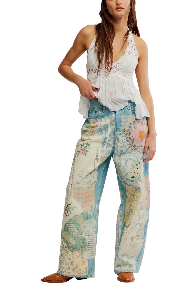 Free People Illusions Patchwork Barrel Leg Jeans, Alternate, color, Sky Combo