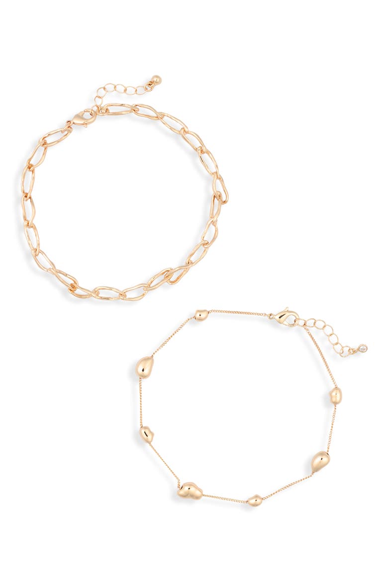 Set of 2 Wavy Link & Orb Station Chain Anklets, Main, color, GOLD