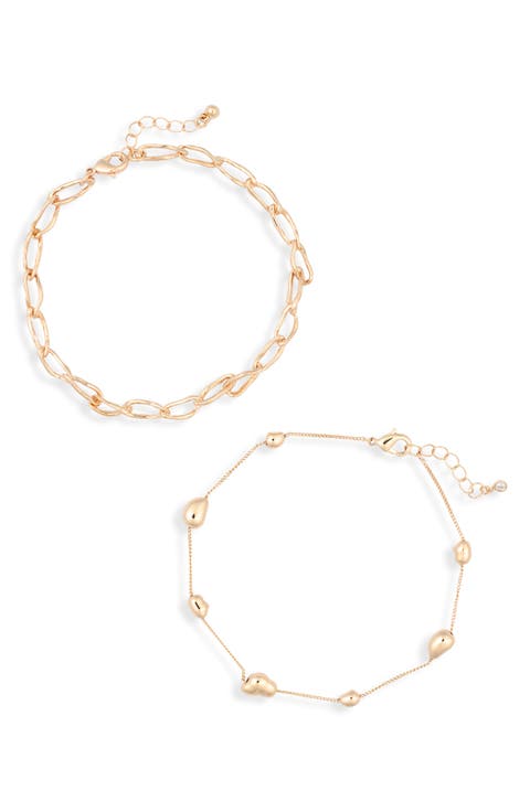 Set of 2 Wavy Link & Orb Station Chain Anklets