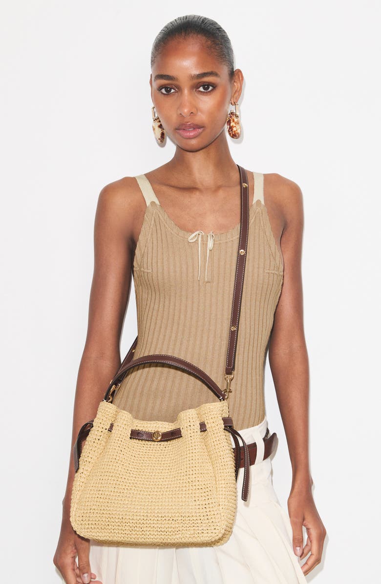 Tory Burch Romy Straw Bucket Bag, Alternate, color, Natural