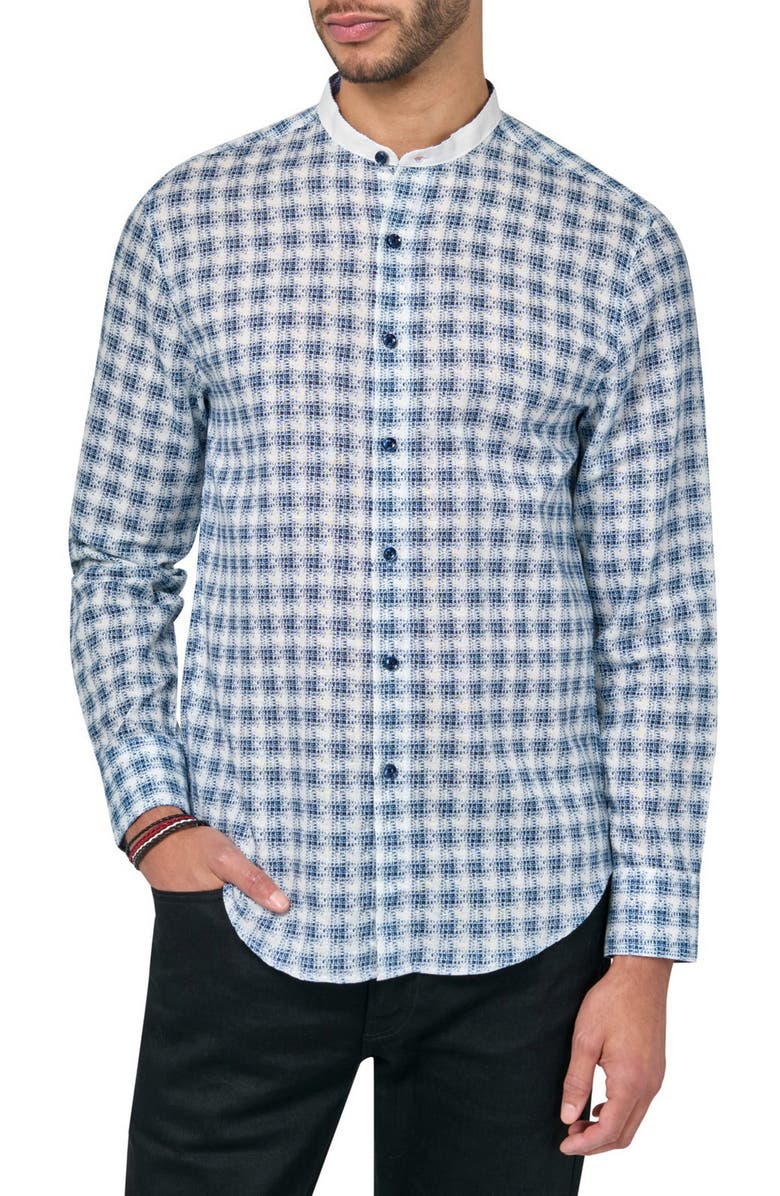 Brooklyn Brigade Slim Fit Check Print Linen Cotton Banded Collar Long Sleeve Shirt, Main, color, 