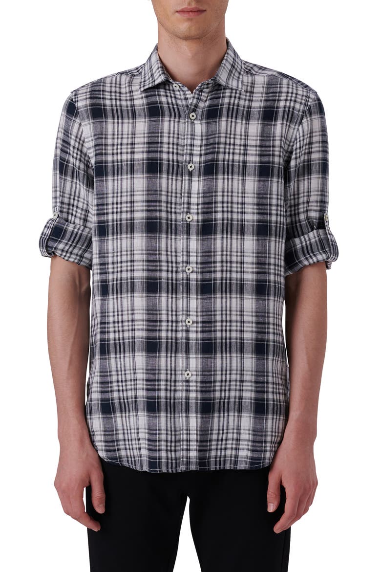 Shaped Fit Plaid Linen Button-Up Shirt, Main, color, BLACK