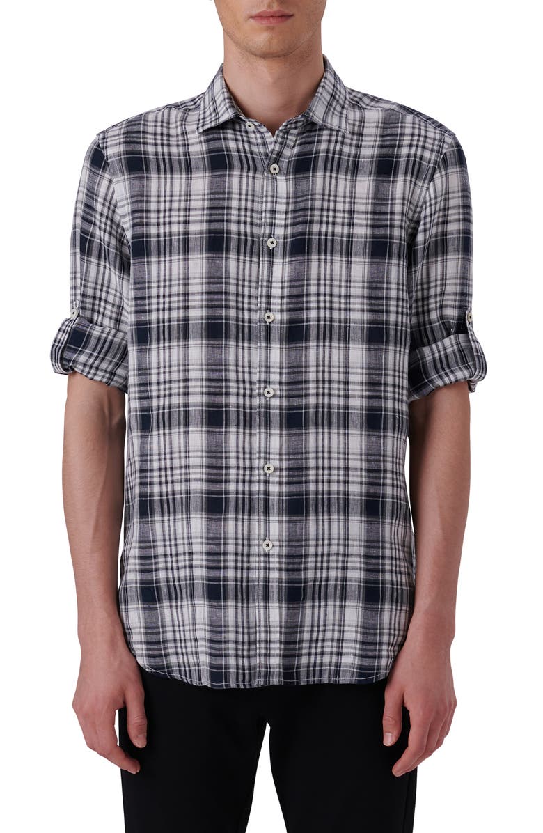Bugatchi Shaped Fit Plaid Linen Button-Up Shirt, Main, color, 