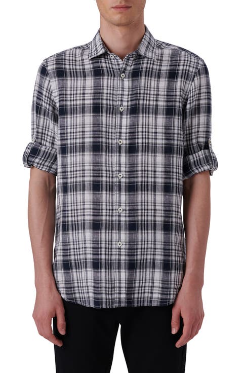 Shaped Fit Plaid Linen Button-Up Shirt