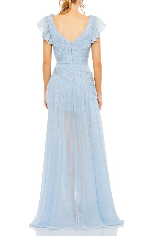 Mac Duggal Metallic Fleck Ruched Ruffle Gown In Ice Blue