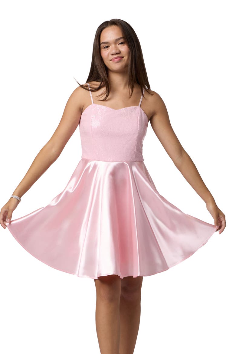 Sequin and Satin Party Dress in Longer Length, Main, color, Light Pink