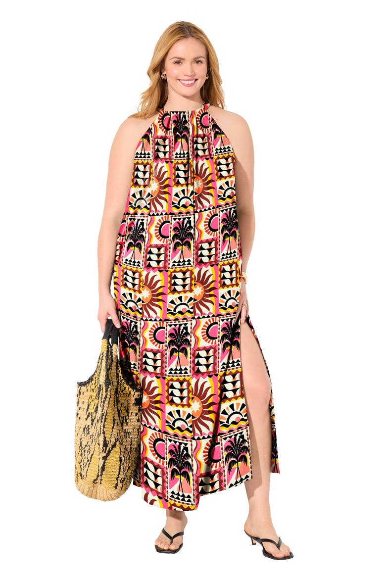 Cotton High Neck Maxi Dress Cover Up, Main, color, Vita Boho Palms