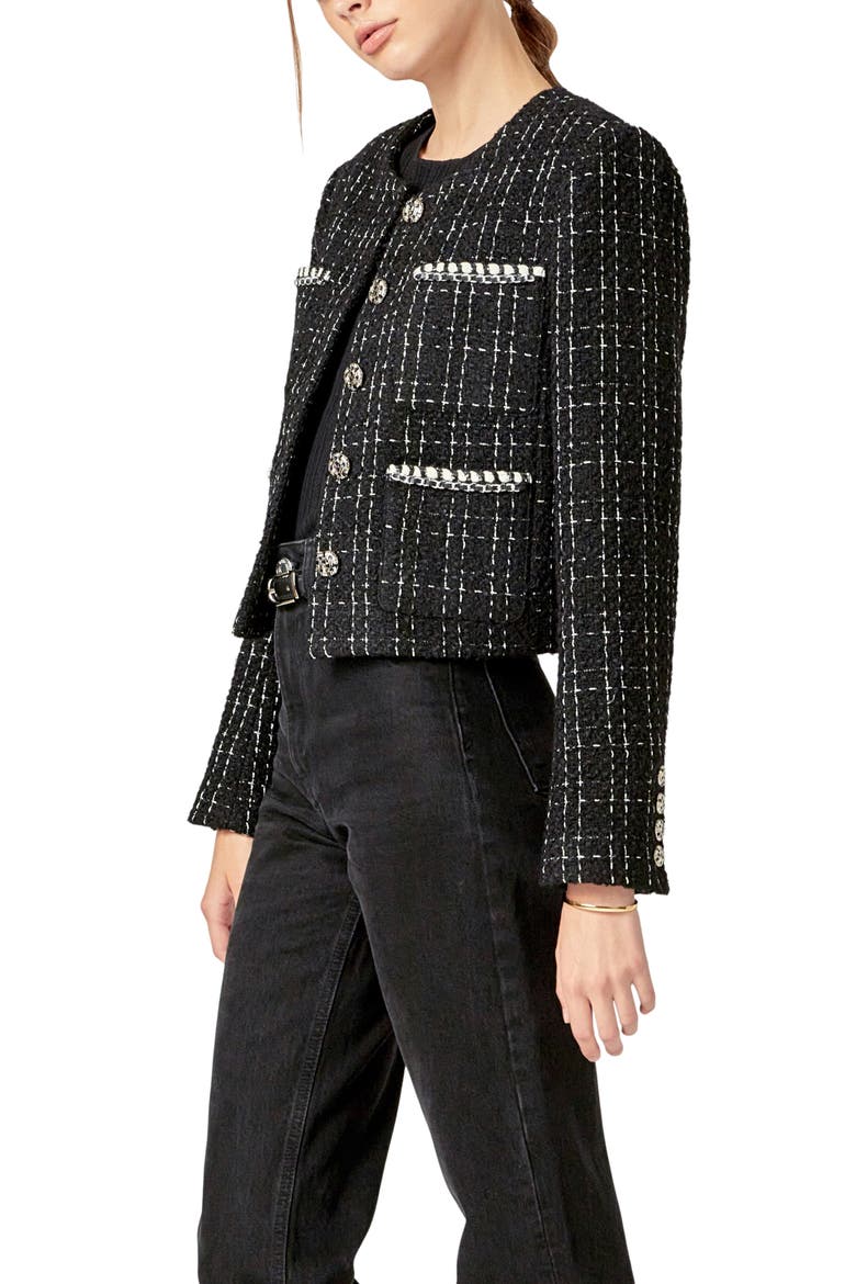 Windowpane Tweed Jacket, Alternate, color, BLACK