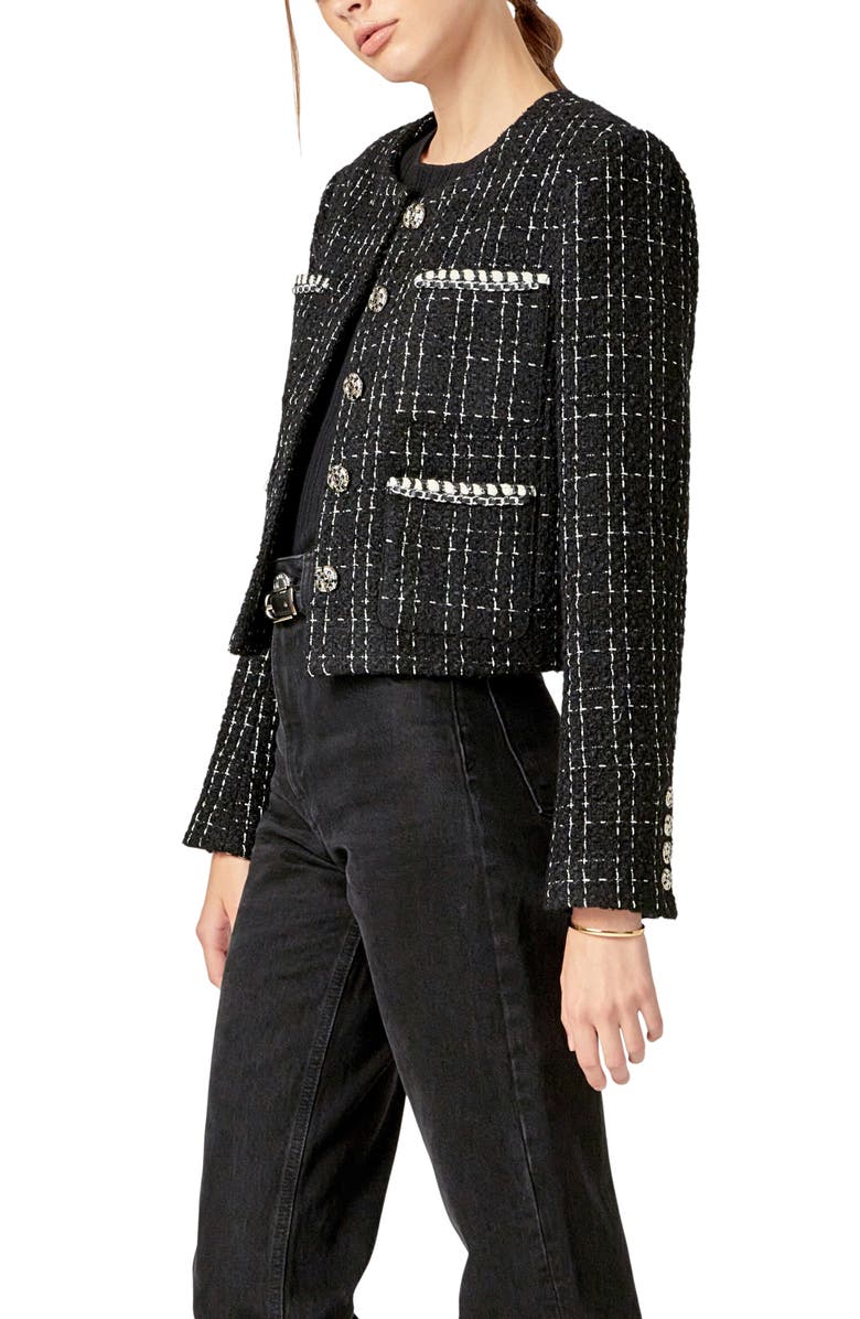 English Factory Windowpane Tweed Jacket, Alternate, color, Black