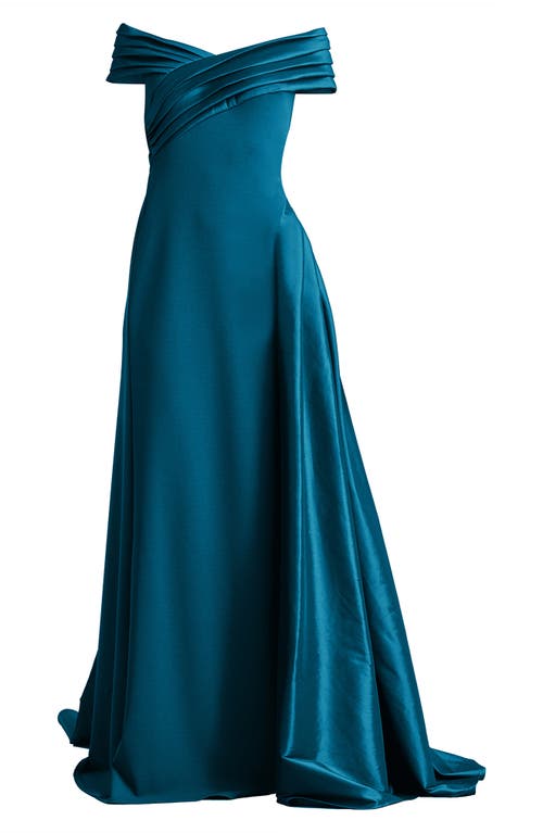 Tadashi Shoji Off The Shoulder Crepe & Taffeta Gown In Blue