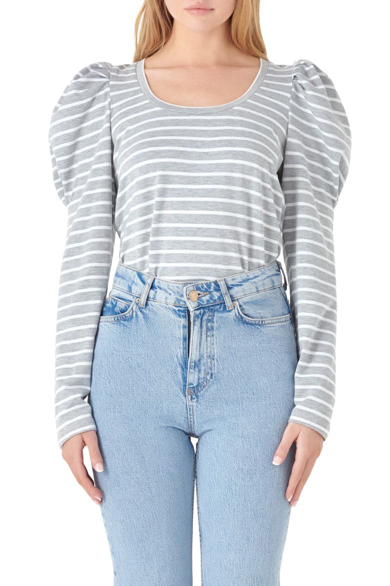 Stripe Puff Sleeve Knit Top, Main, color, HEATHER GREY/ WHITE