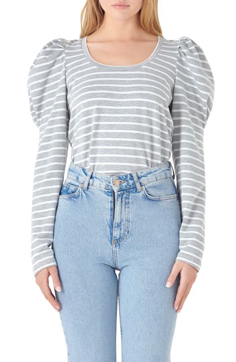 Stripe Puff Sleeve Knit Top