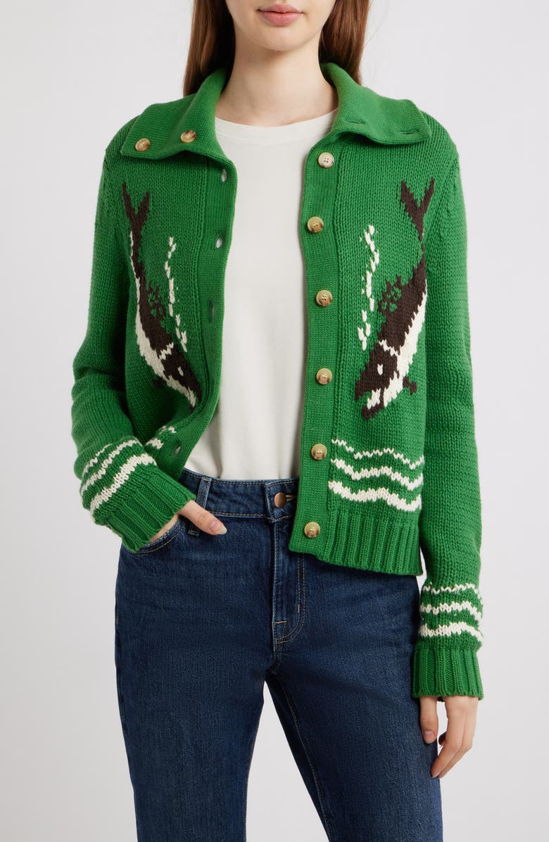 THE GREAT. The Bass Cardigan, Main, color, Grove