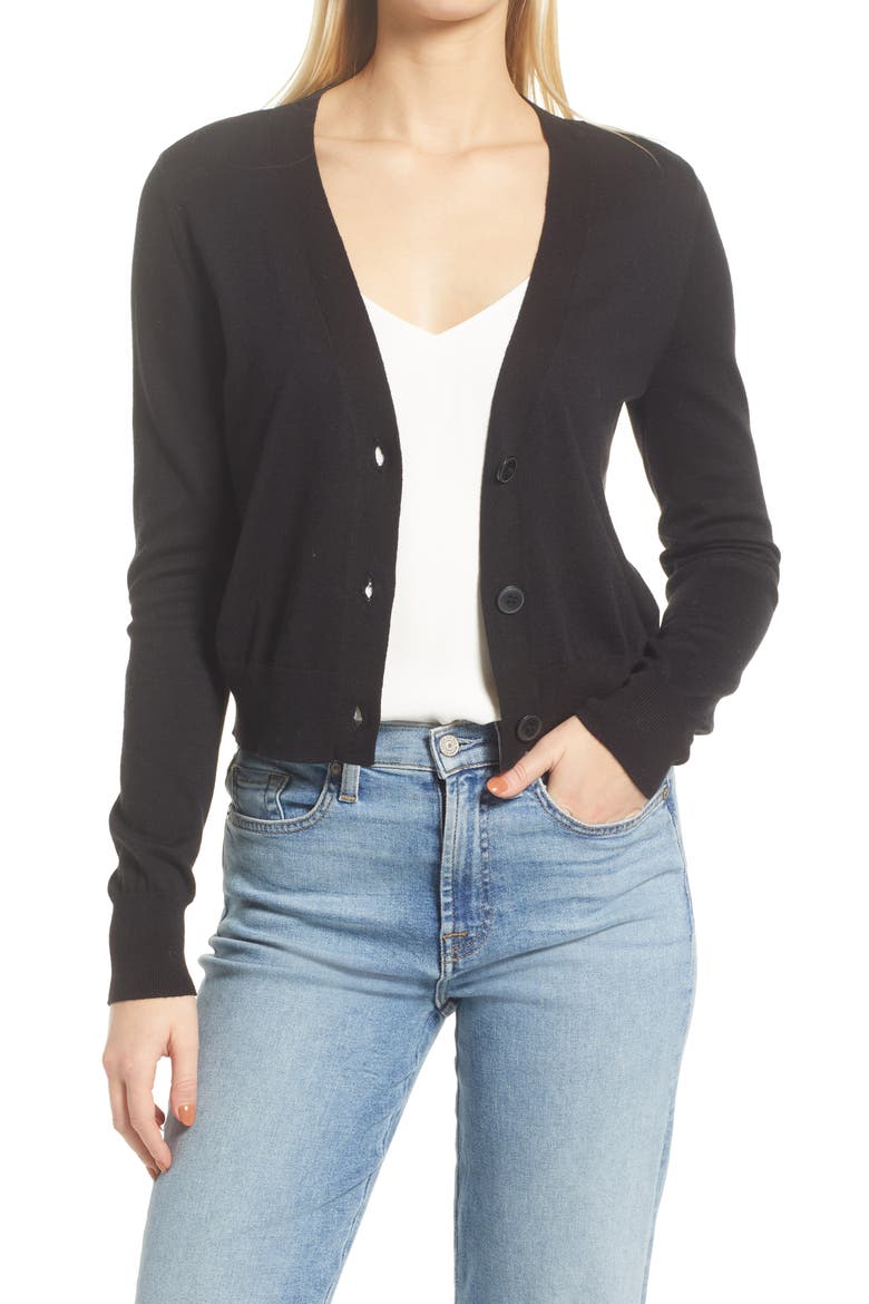 Fitted V-Neck Cardigan, Main, color, BLACK