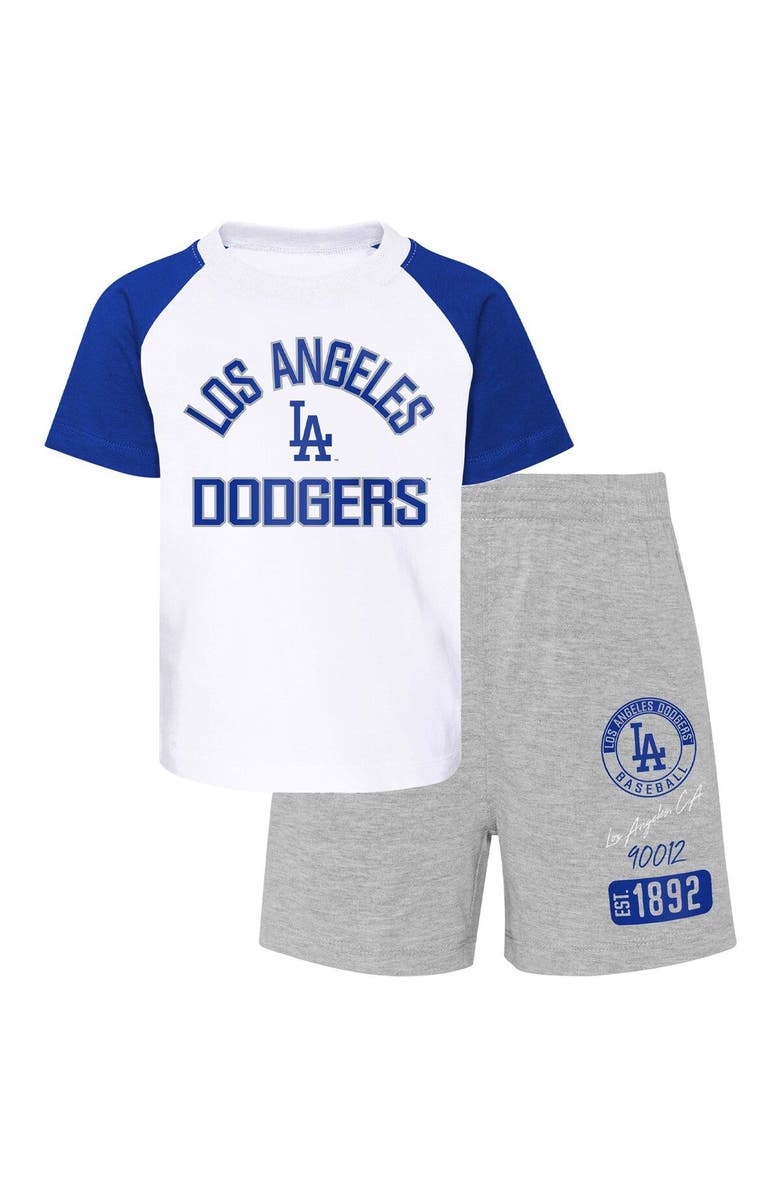 Outerstuff Toddler White/Heather Gray Los Angeles Dodgers Two-Piece Groundout Baller Raglan T-Shirt & Shorts Set, Main, color, 