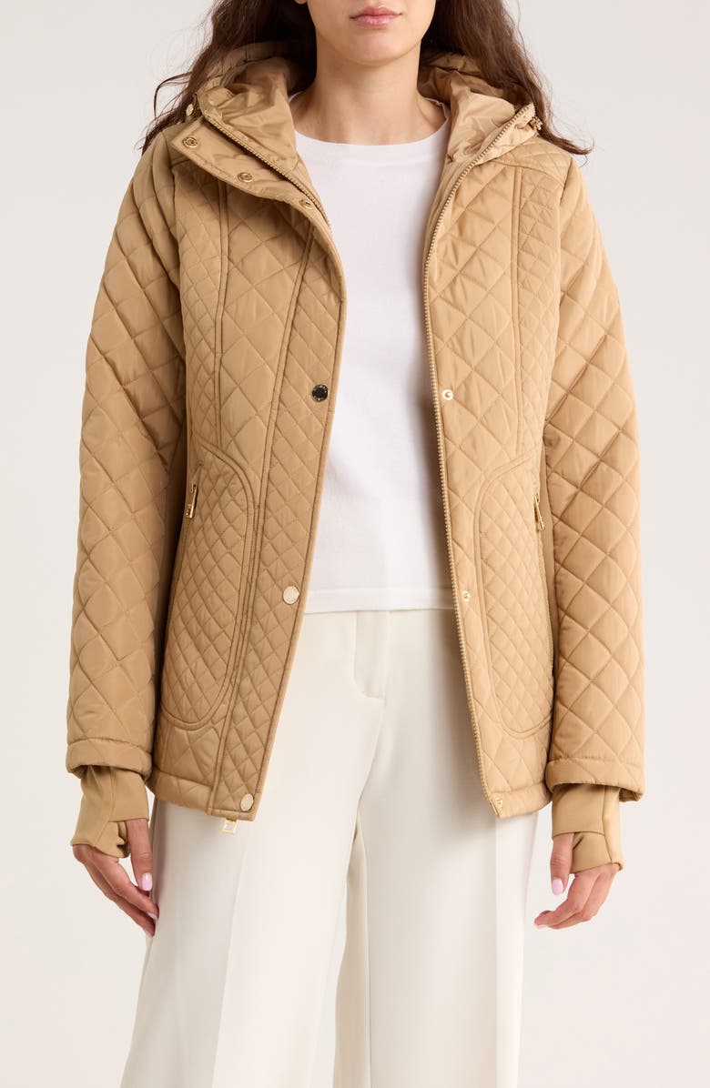 Michael Kors Hooded Diamond Quilted Jacket, Alternate, color, Khaki