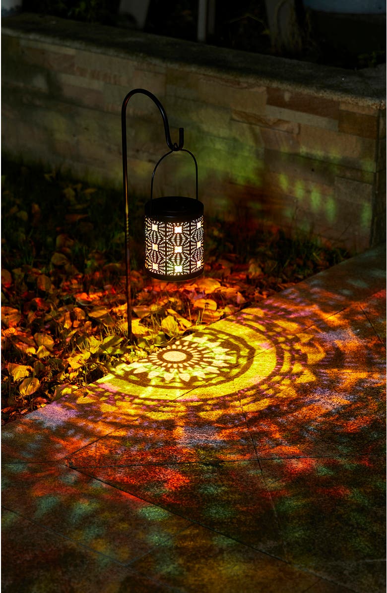 Glitzhome Set of 2 Metal Cutout Pattern Solar Powered Lantern with LED Light, Alternate, color, Black