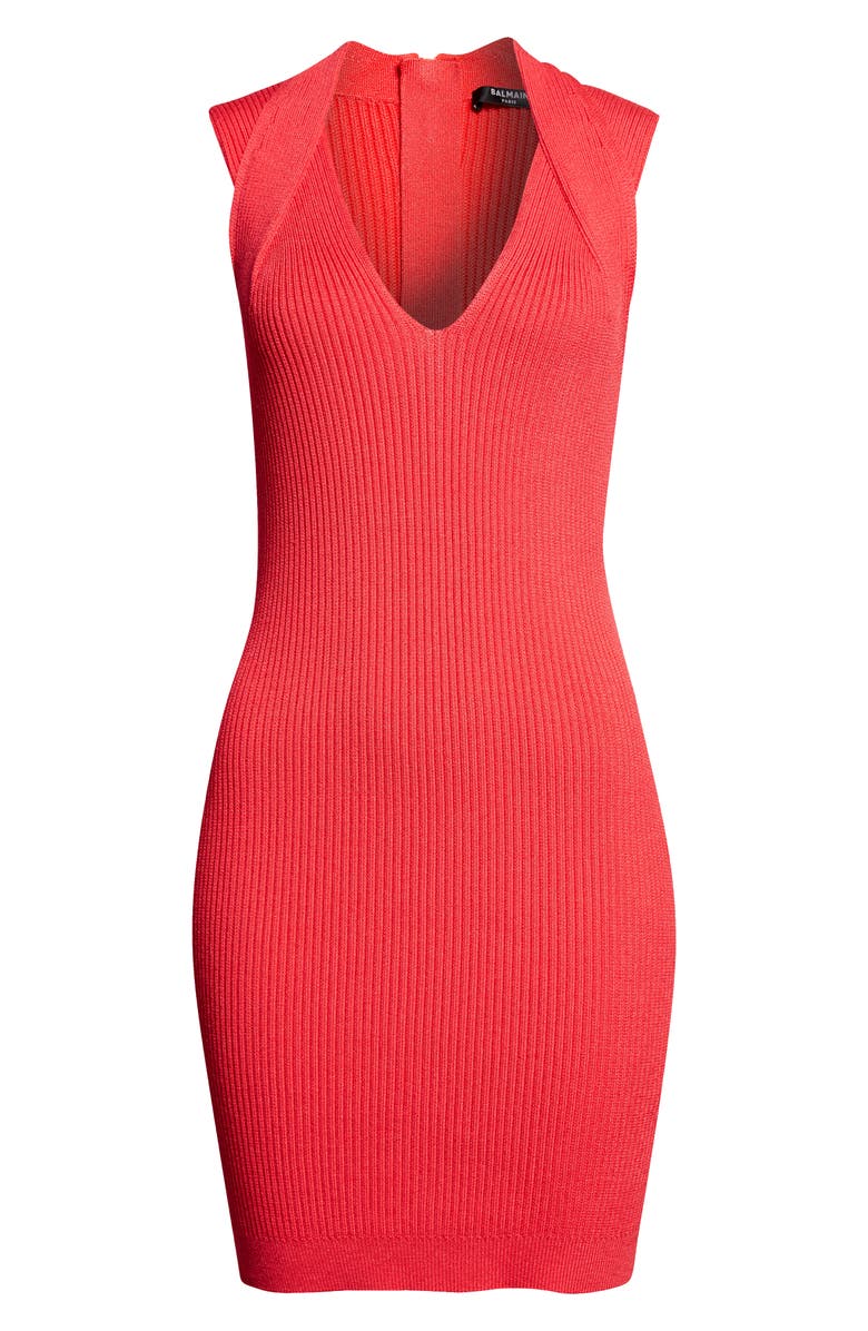 Balmain Twist V-Neck Rib Sweater Minidress, Alternate, color, Live Fuchsia