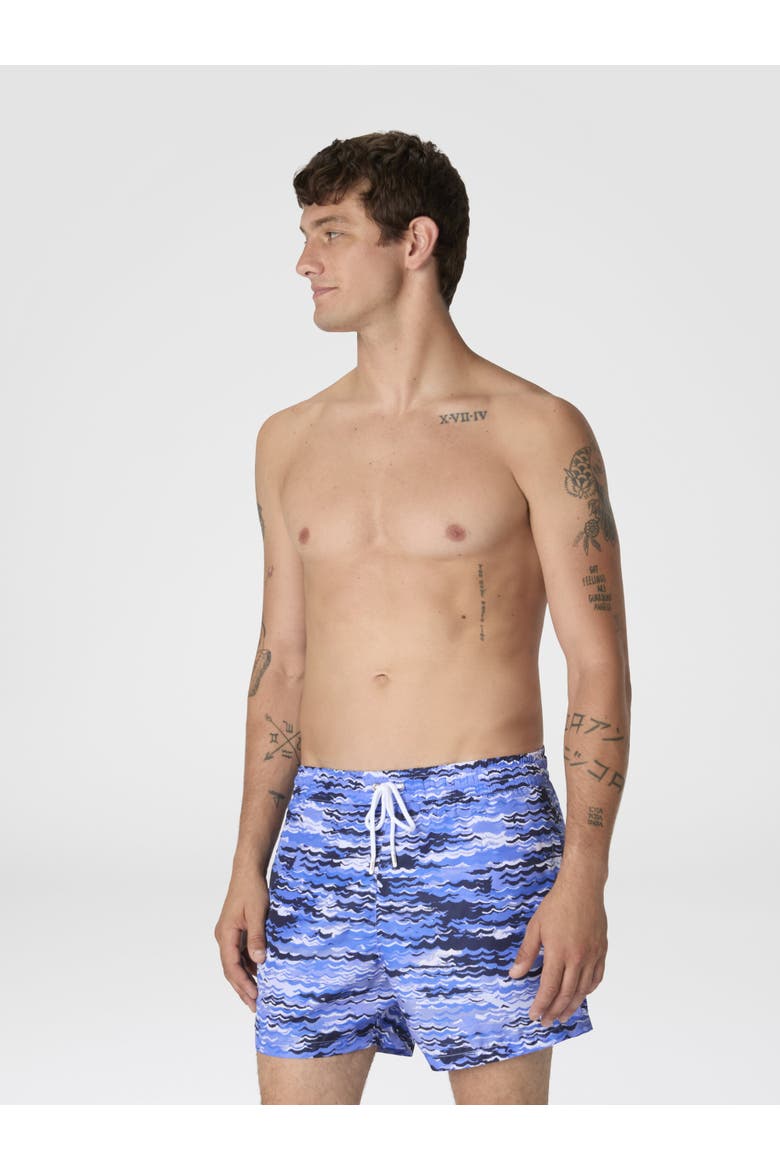 Mid-length Swim Shorts With Wave Print, Alternate, color, Blue