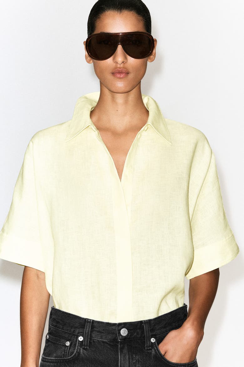 Oversized Short-Sleeved Linen Shirt, Alternate, color, YELLOW