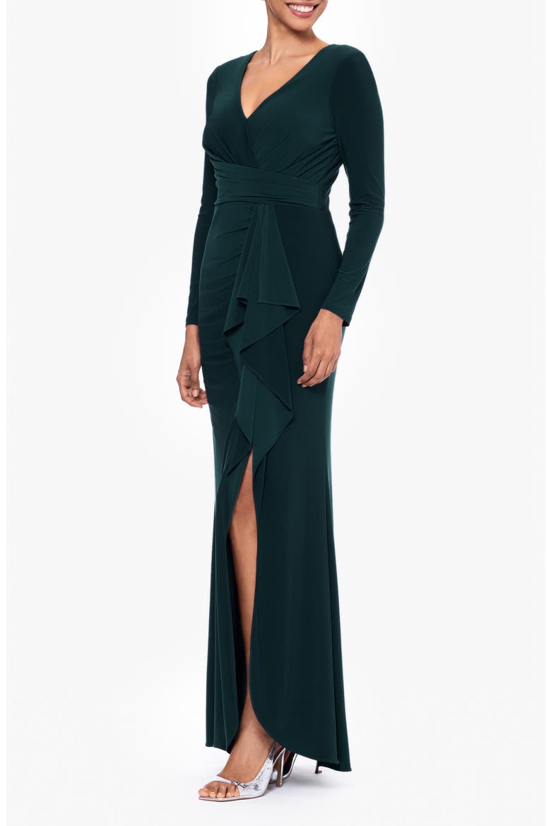 Cascade Ruffle Long Sleeve Stretch Jersey Gown, Alternate, color, PINE