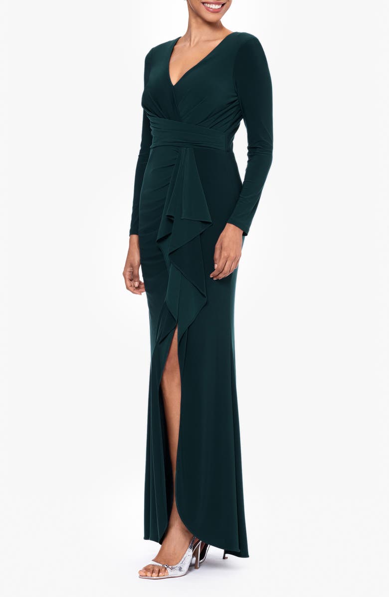 Betsy & Adam Cascade Ruffle Long Sleeve Stretch Jersey Gown, Alternate, color, Pine