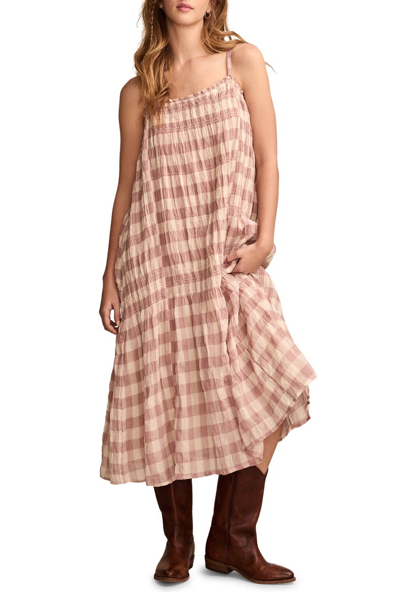 Smocked Sleeveless Midi Dress, Main, color, ROSE GINGHAM
