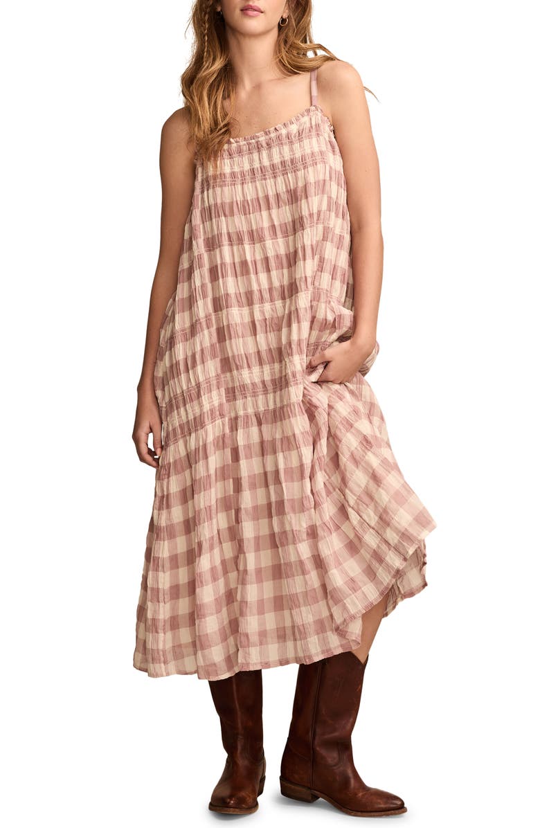 Lucky Brand Smocked Sleeveless Midi Dress, Main, color, Rose Gingham