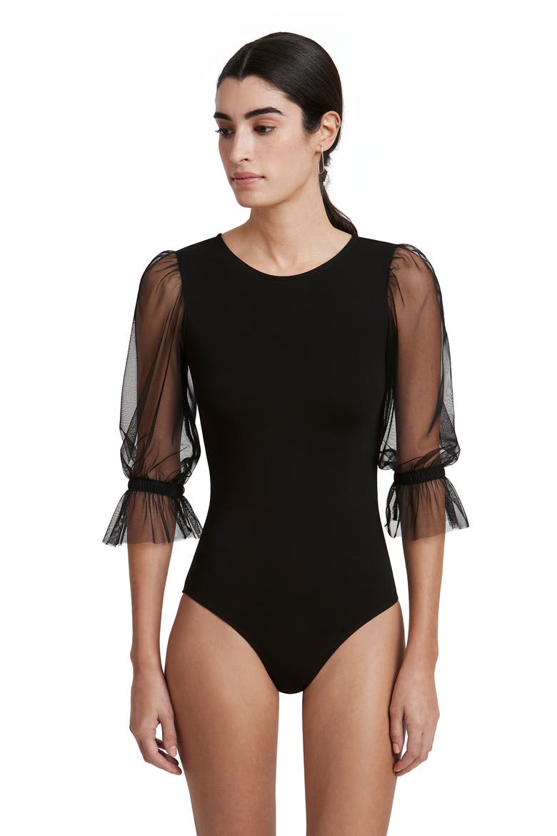 Bellerose Mixed Media Mesh Sleeve Bodysuit, Alternate, color, BLACK
