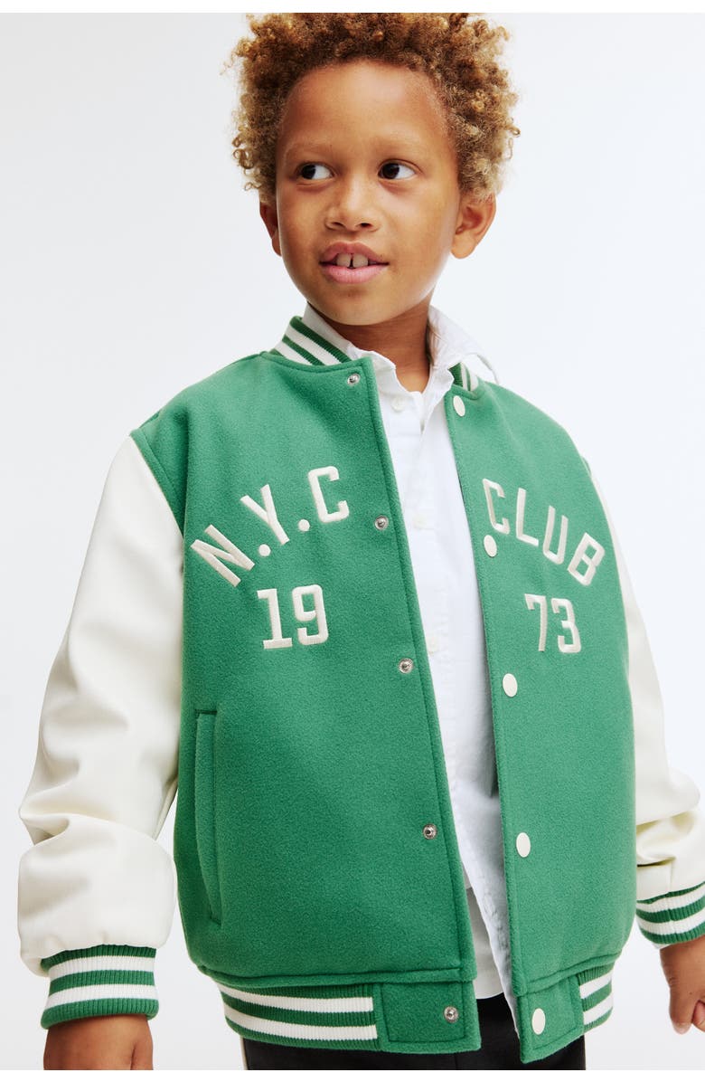 H&M Motif-detail baseball jacket, Alternate, color, Green/N.y.c Club