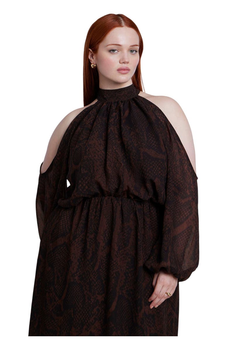 Cold Shoulder Chiffon Maxi Dress (plus), Alternate, color, SNAKE TEXTURED
