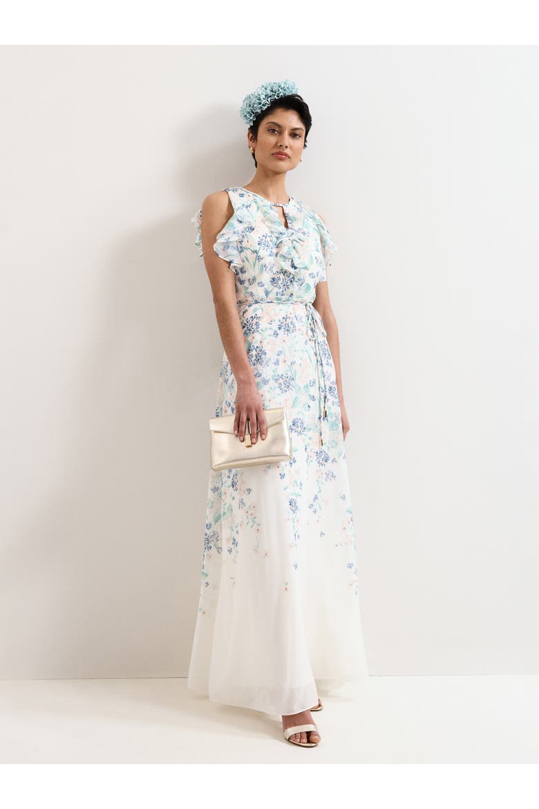 Rachel Floral Ruffle Detail Maxi Dress, Main, color, Ivory