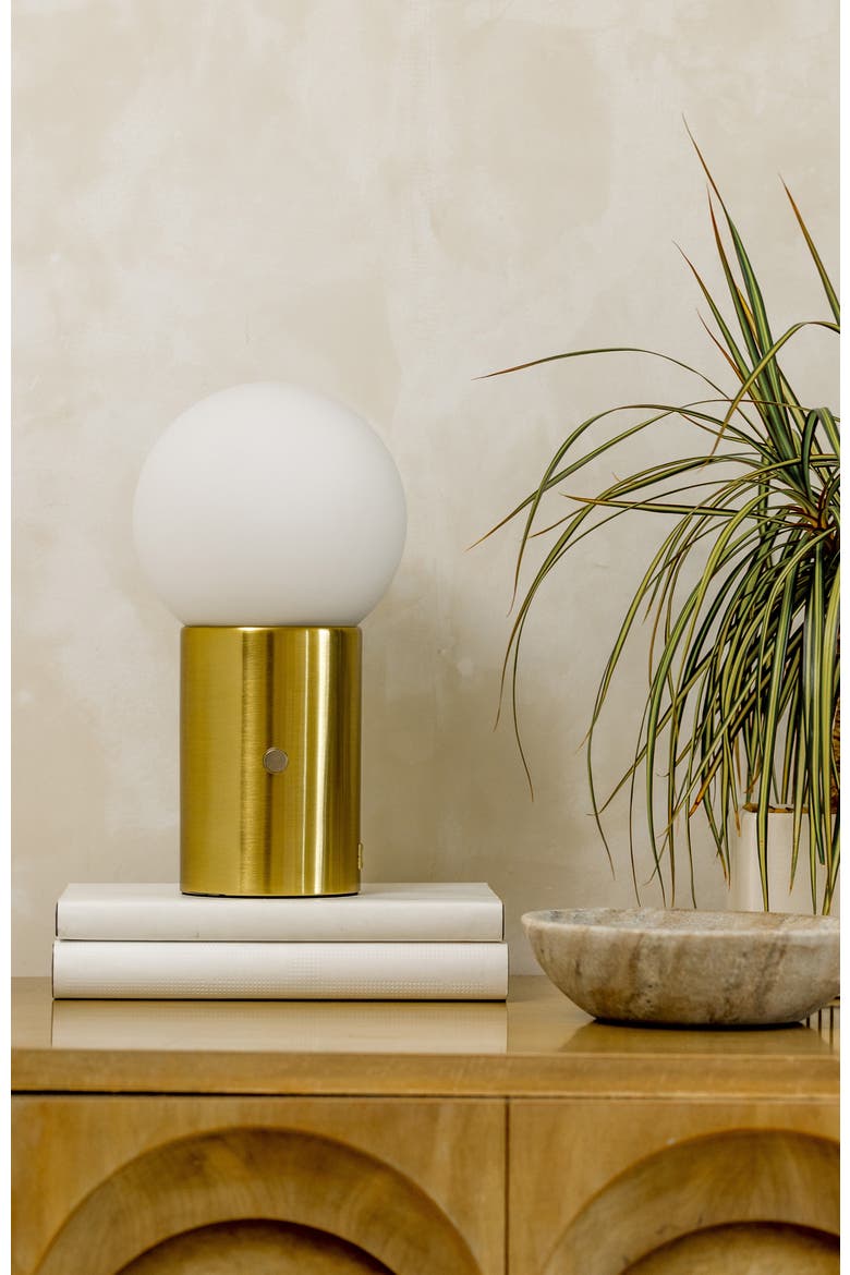 Kai 11" Modern Frosted Glass Orb Table Lamp with USB Charging Port and Built-In 3-Way Dimmer, Alternate, color, Antique Brass