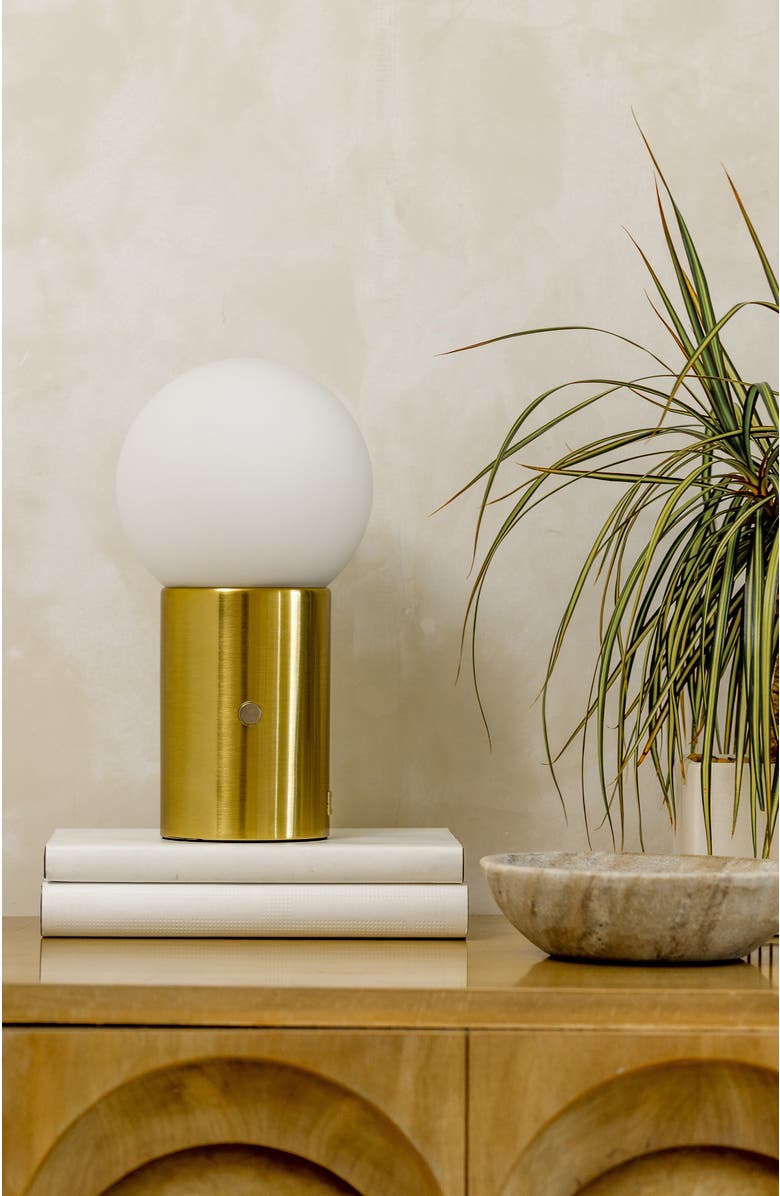 Brightech Kai 11" Modern Frosted Glass Orb Table Lamp with USB Charging Port and Built-In 3-Way Dimmer, Alternate, color, Antique Brass