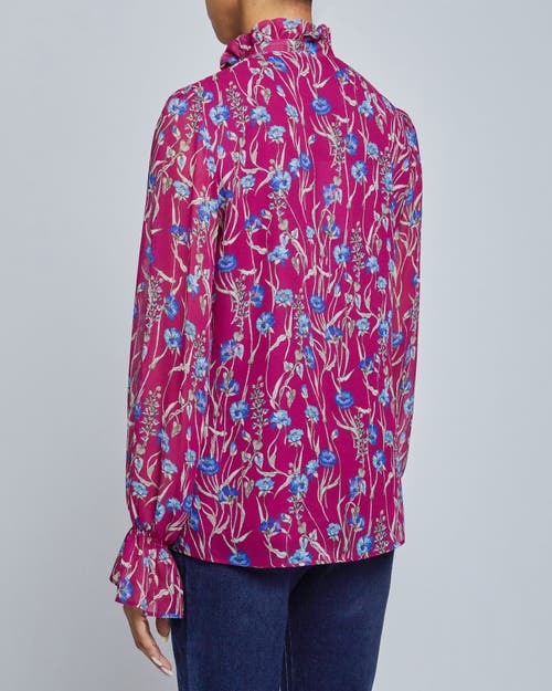 Santorelli Floral Print Smocked Shoulder Blouse In Dark Magenta
