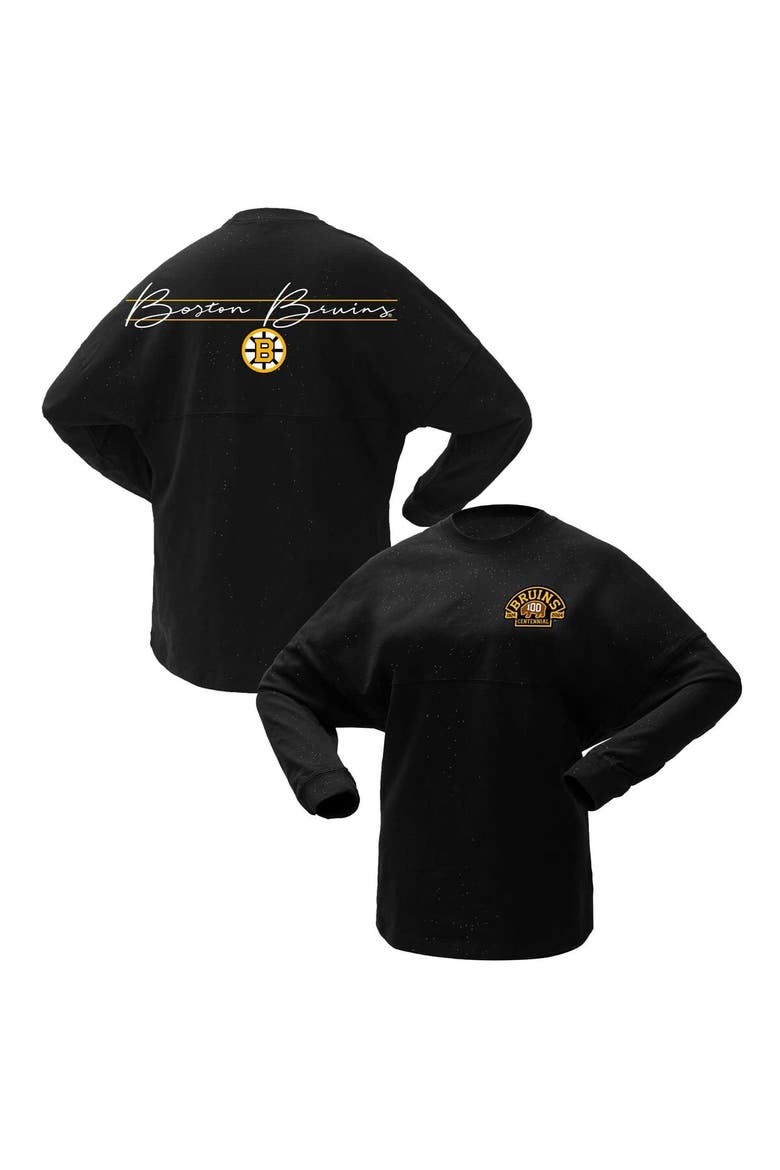 Women's Fanatics Branded Black Boston Bruins 100th Anniversary Sparkle Spirit Jersey T-Shirt, Main, color, Black